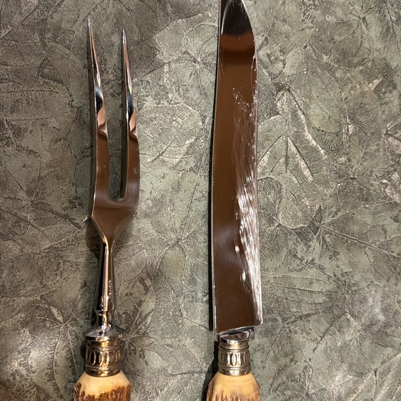 EMIL VOOS SOLINGEN GERMANY ROSTFREI CARVING SET KNIFE AND FORK.HORN ANTLER EUC - Picture 6 of 9